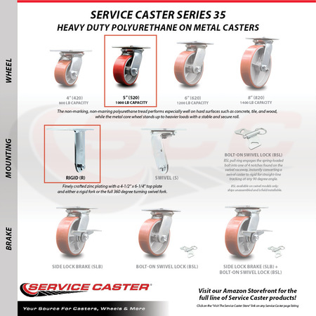 Service Caster 5 Inch Red Poly on Cast Iron Caster Set with Roller Bearing 2 Brakes 2 Rigid SCC-35S520-PUR-RS-SLB-2-R-2